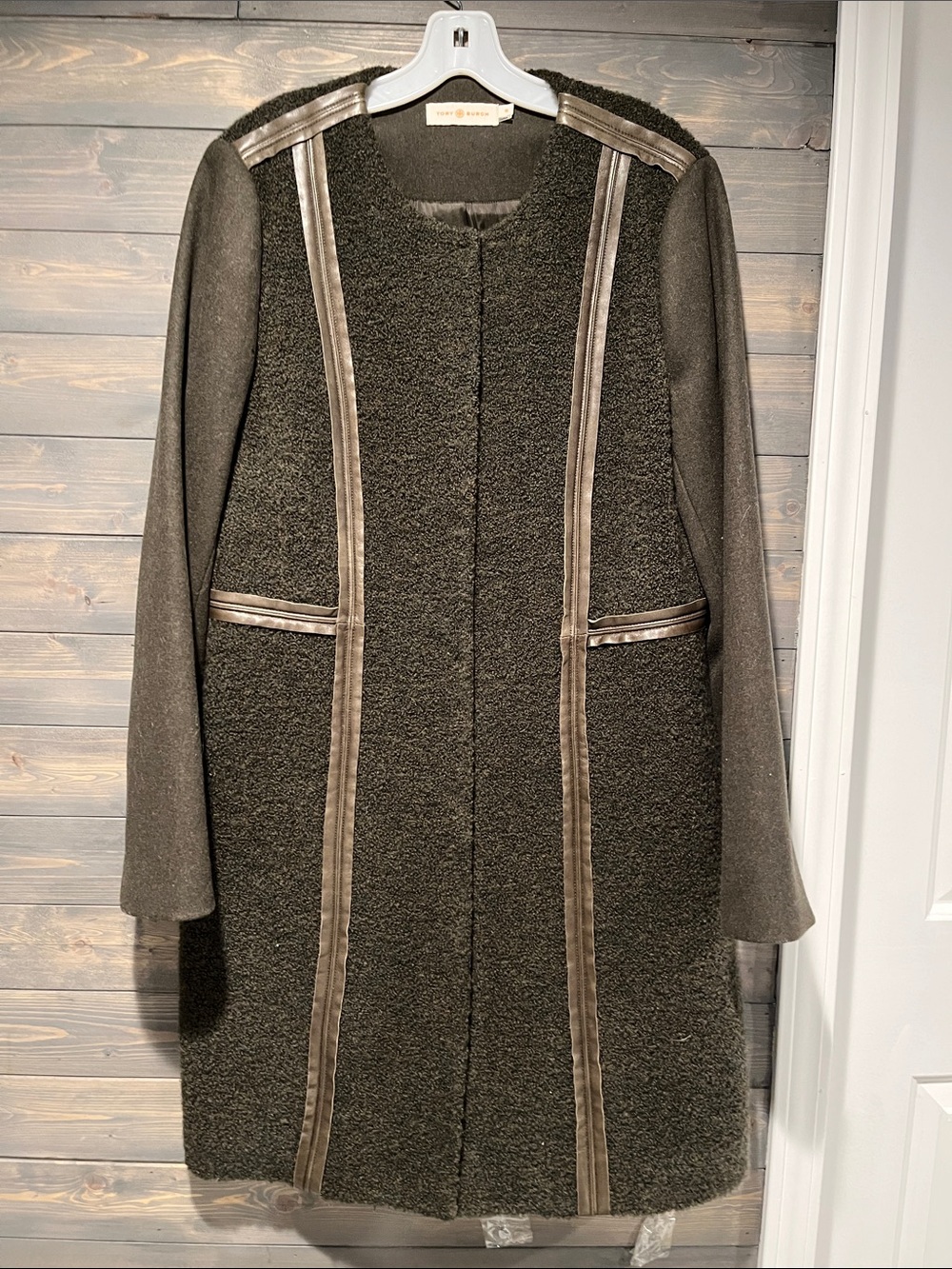 Tory Burch Olive Wool Bouclé Coat with Leather Trim Accents 10